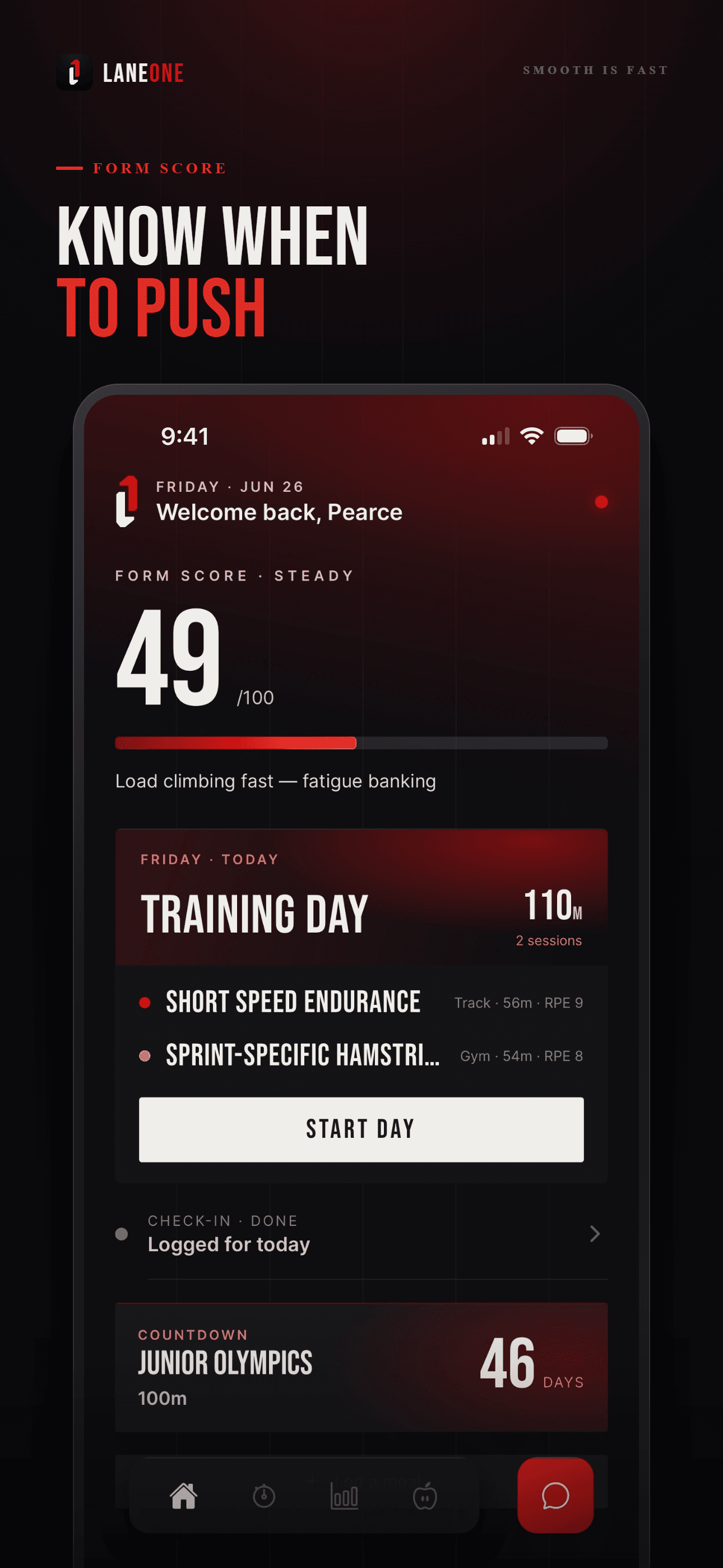Lane One home screen showing daily Form Score and training day